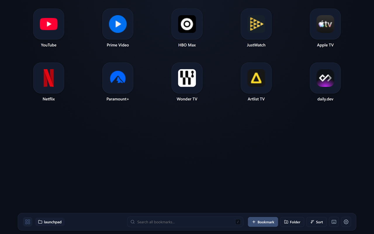 Launchpad Chrome Extension showing app icons and the bottom toolbar